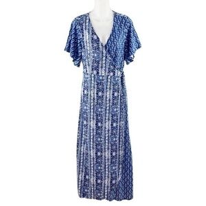 NWT New Direction blue multi print wrap midi dress C27